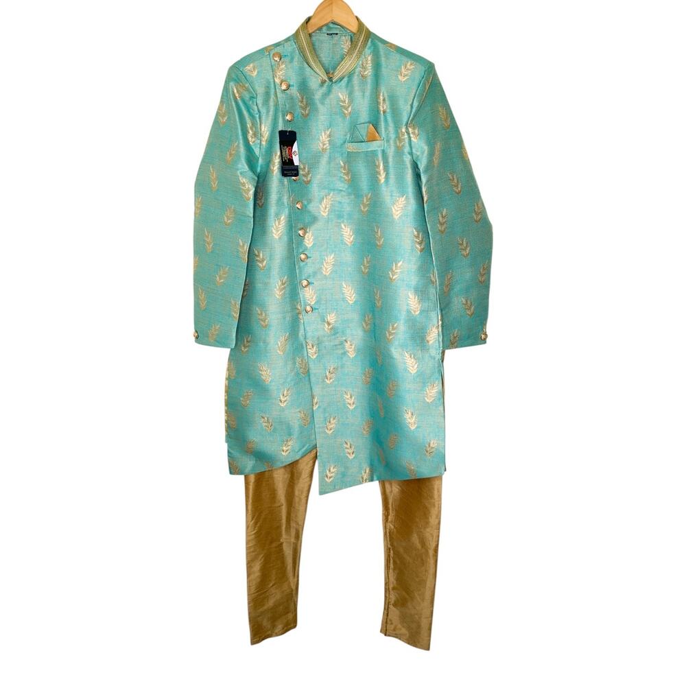 Indian Mens Sherwani Kurta Set Turquoise Gold Brocade Wedding Size 42 44